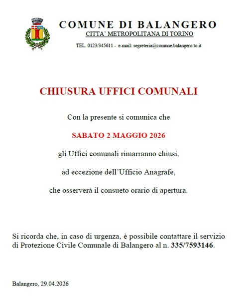 Chiusura uffici comunali sabato 02 maggio 2026