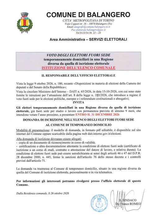 Voto fuori sede (legge n. 180/2026), avviso e domanda 2026